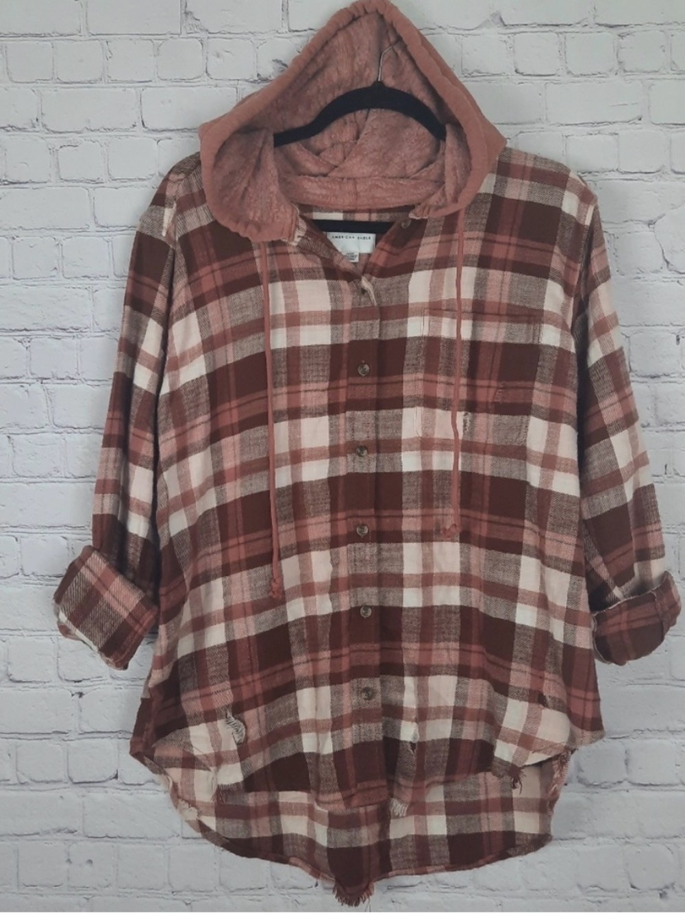 American Eagle Distressed Plaid Button Down Hoodie